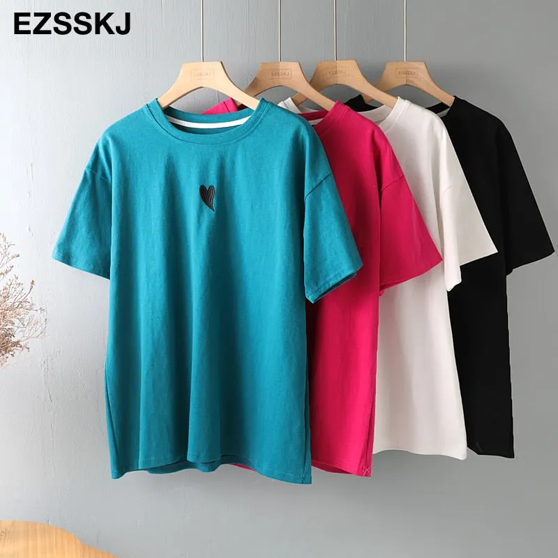 spring summer Women basic heart embroidery T-shirt Casual Loose short sleeve bottom candy color cotton T-shirt  Female Tops