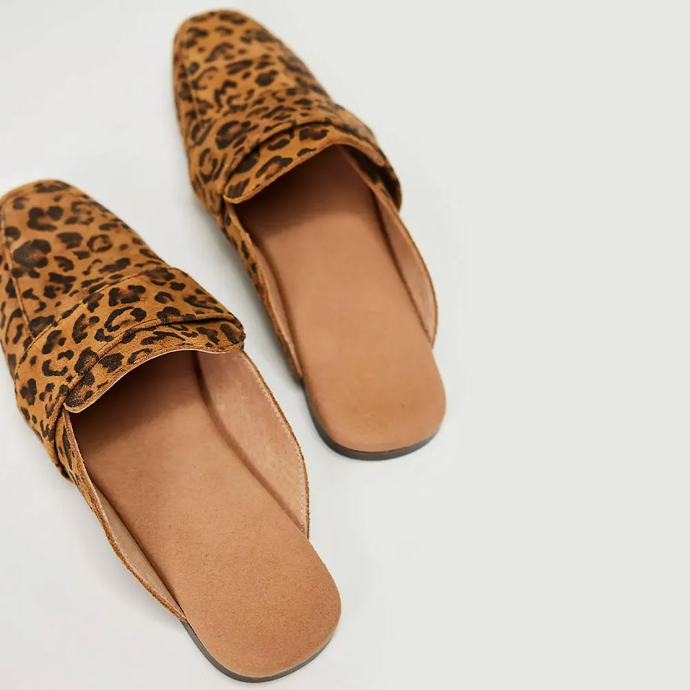 Leopard Print Vegan Suede Square Toe Loafer Mule Shoes for Women