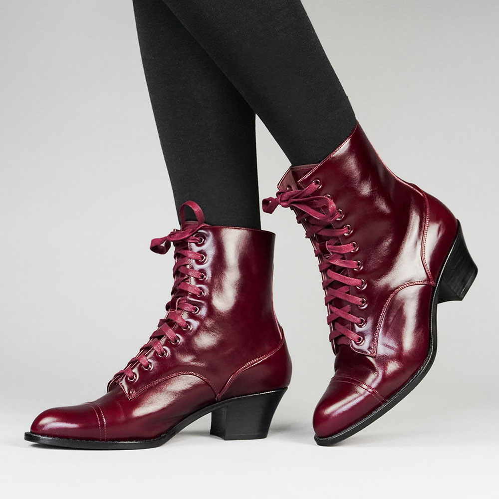 Maroon Lace-Up Almond Toe Ankle Boots for Women with Chunky Heel Nicepairs