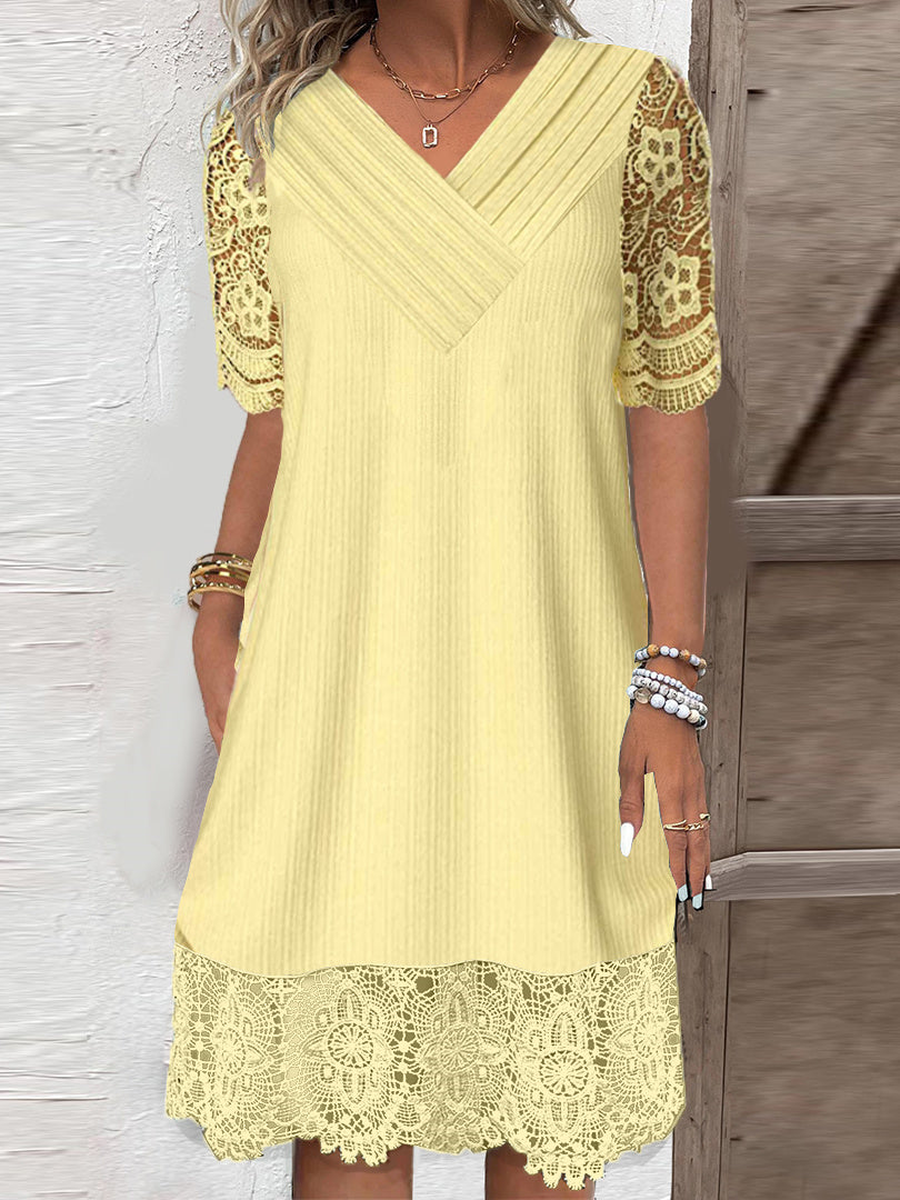 Women Half Sleeve V-neck Solid Color Dress