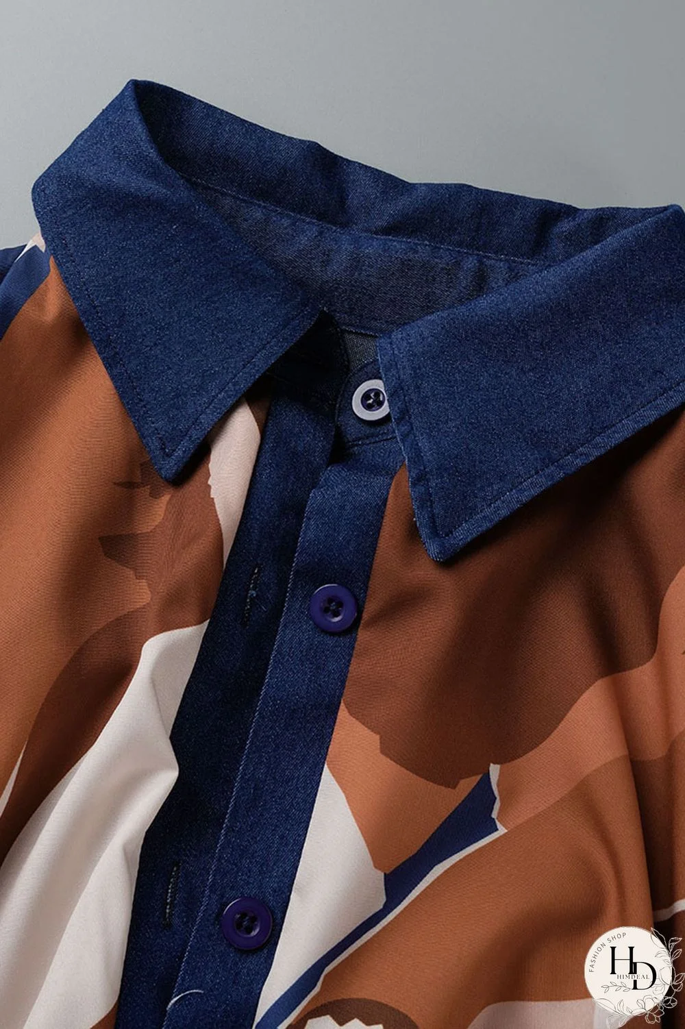 Tangerine Casual Print Patchwork Buckle Turndown Collar Straight Plus Size Dresses