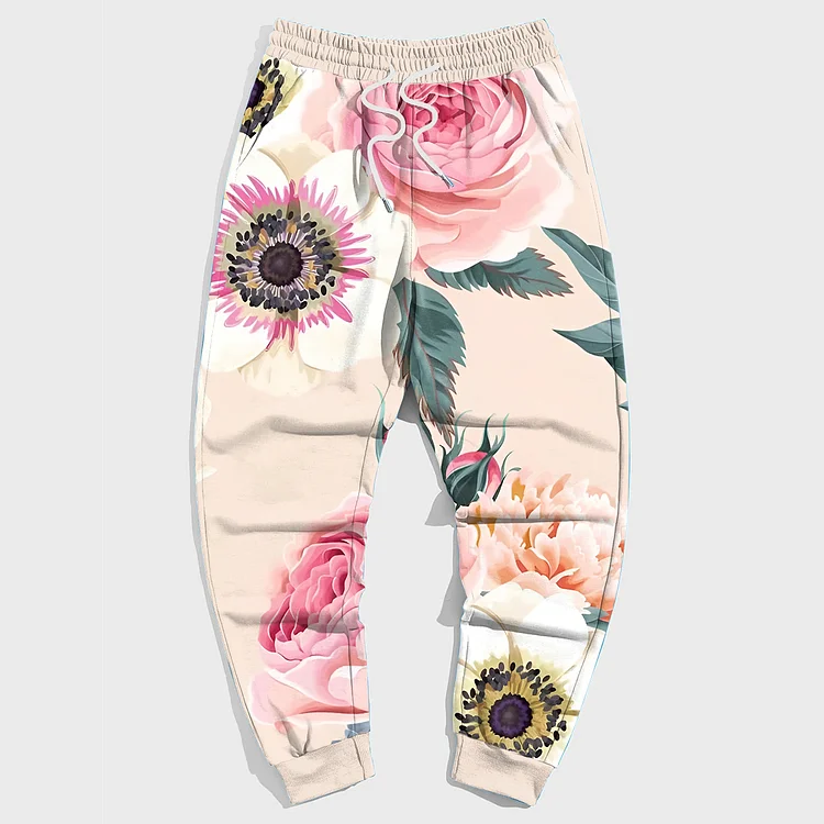 Pink Plus Size Casual Floral Bud Trousers