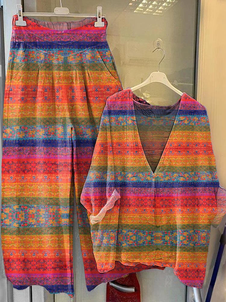 Women's Vintage Floral Art Printed V-Neck Top Wide-Leg Pants Cotton Linen Suit