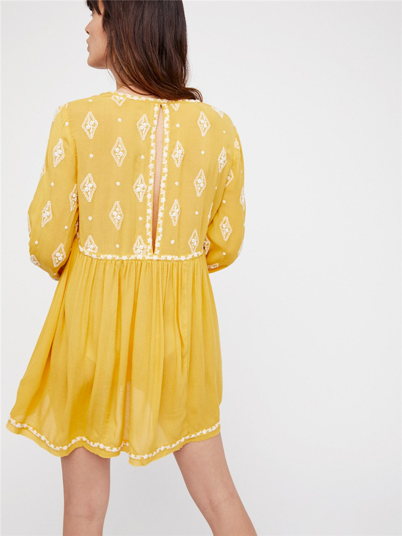 Mature Women Bohemian Cotton Long Sleeve Loose Tunic Dress