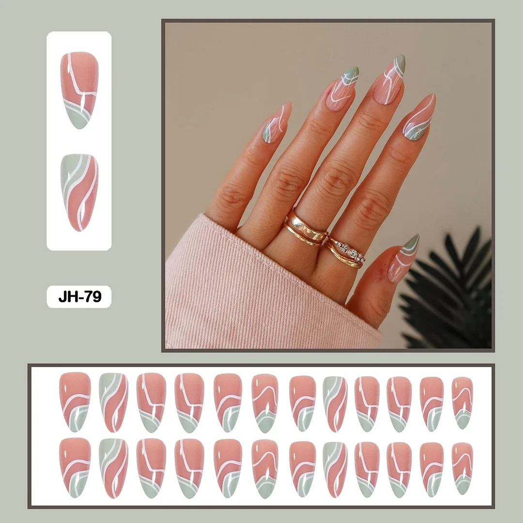 24Pcs/Set French Contracted Artistic Line Drip Shaped Short Wearable False Nails With Glue Manicure Art Tools Fake Nails-Nail Inspo