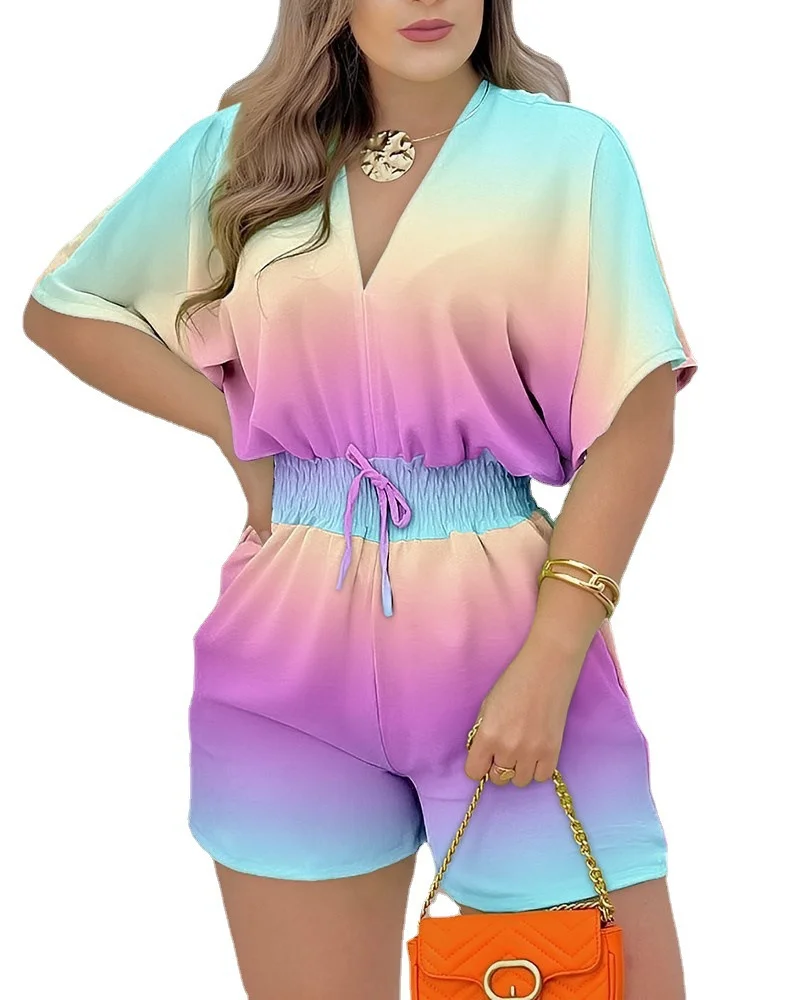 Brownm Brownm Summer New Women's Short-Sleeved V-Neck Tie With Waist Casual Shorts Jumpsuit