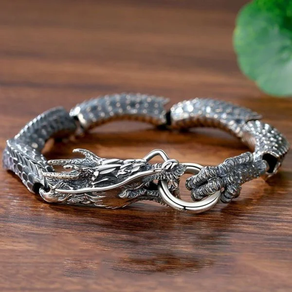 Sterling Silver Dragon Head Bite Ring Bracelet