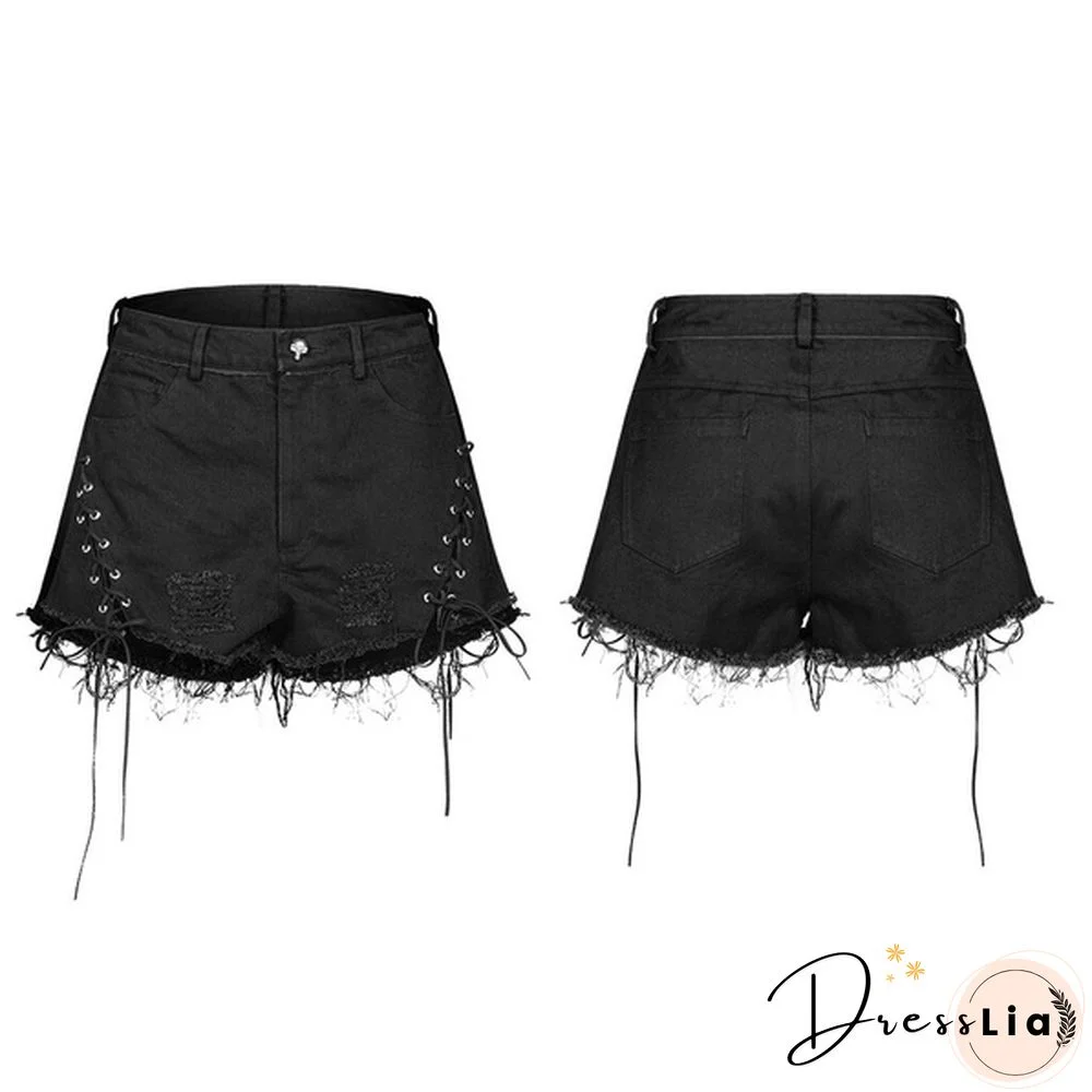 Women Punk Strap Shorts Washed Flash Denim Personality Handsome Casual Short Pants