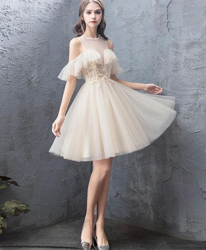Cute Round Neck Tulle Champagne Short Prom Dress