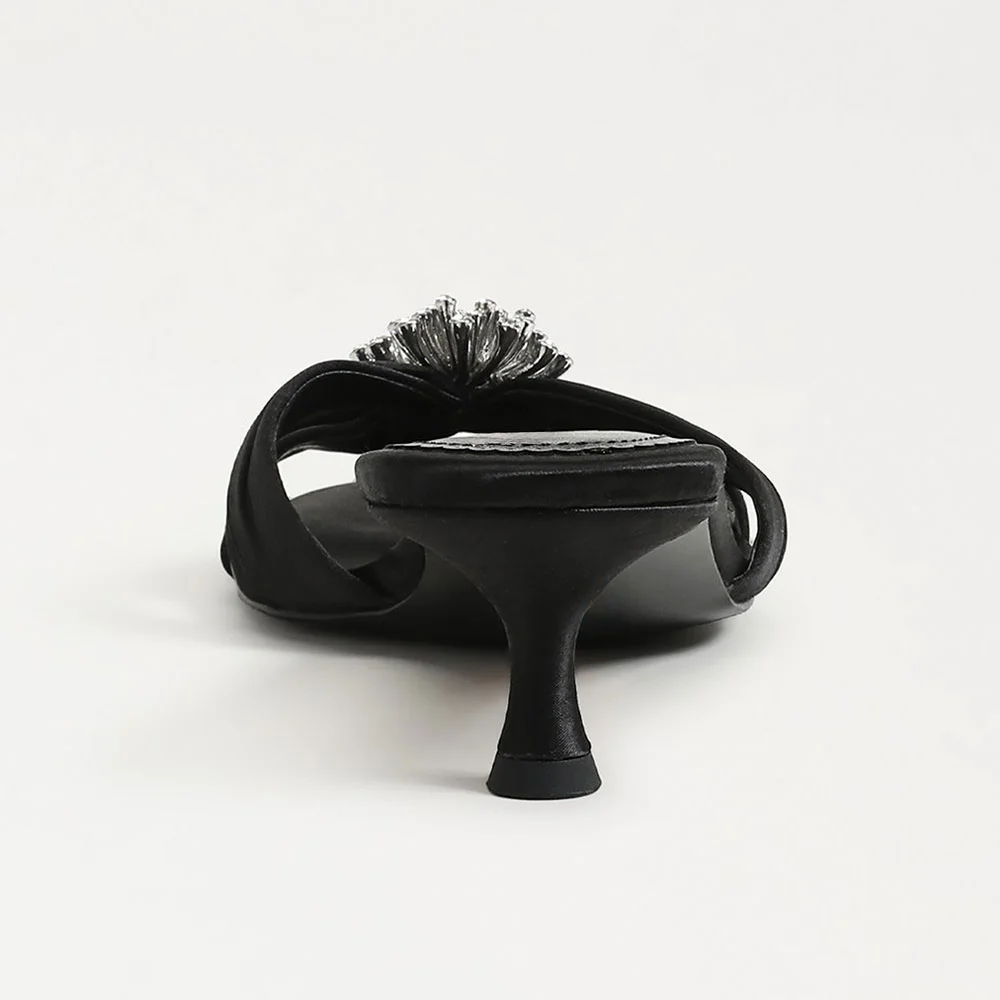 Black Satin Kitten Heel Women's Mules Shoes with Rhinestones Decor