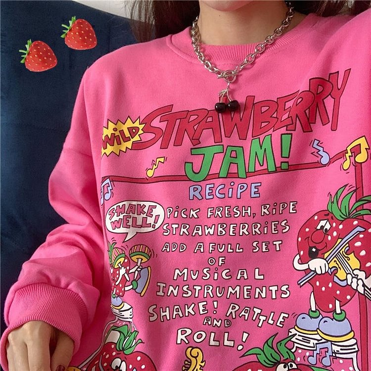 Harajuku Oversized Strawberry Print Hoodie Women O Neck Loose Vintage Clothes Top Streetwear Sweatshirts Graphic Cute Pullover - BlackFridayBuys