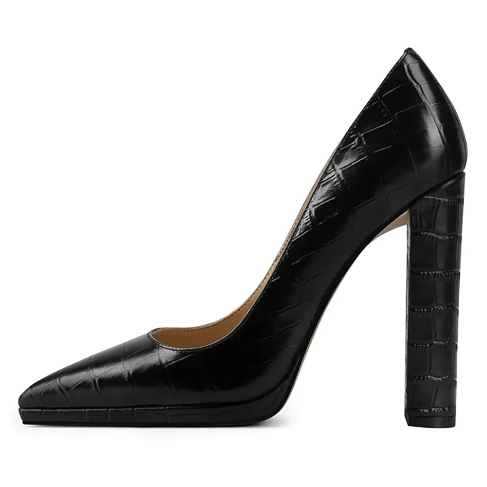 Chic Black Pointed Toe Chunky Heel Croc Embossed Pumps for Women