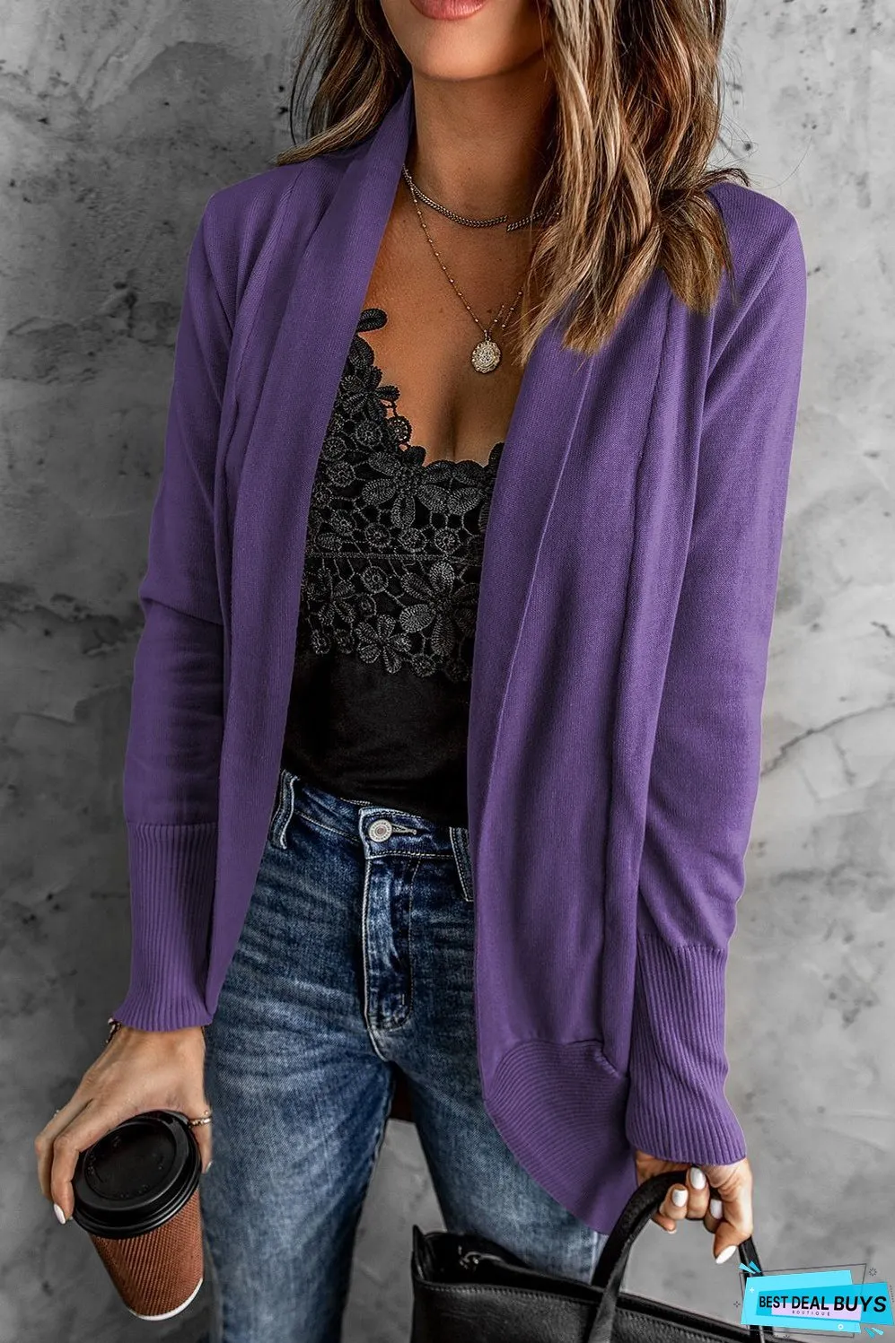 Long Sleeve Ribbed Hem Open Front Longline Cardigan