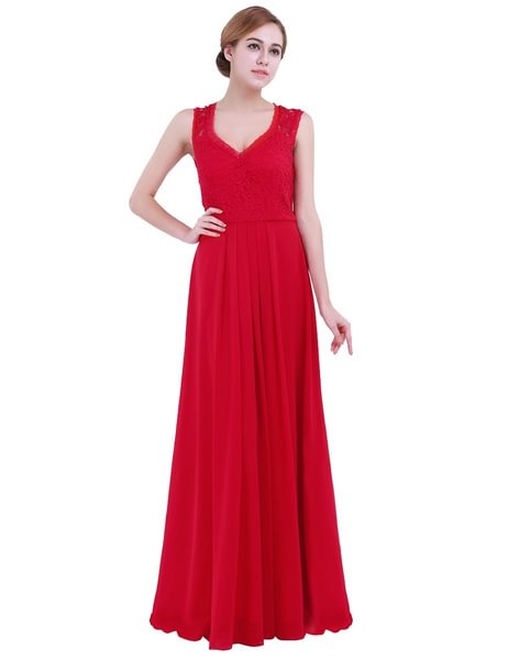 Ladies V-neck Lace Back Full Length Chiffon Dress Prom Gown - Shop Trendy Women's Fashion | TeeYours
