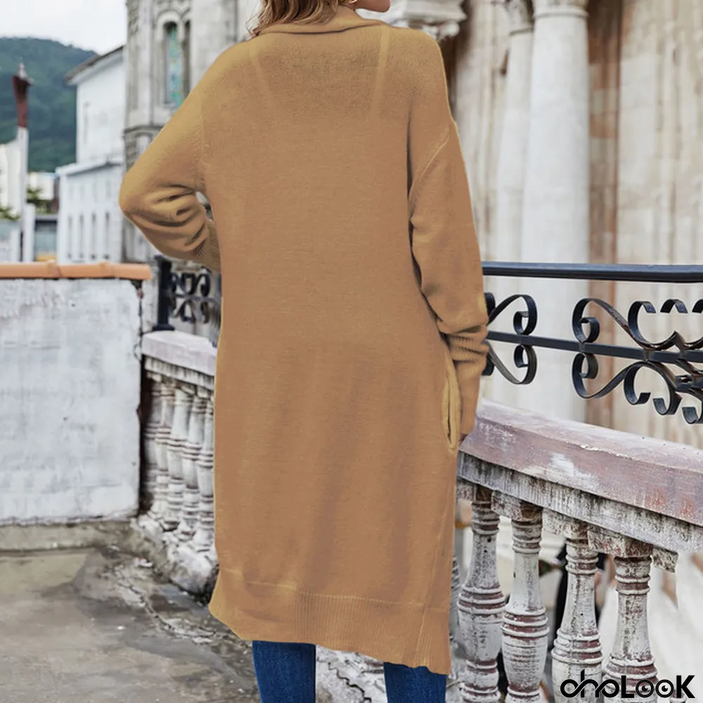 Women's Retro Autumn and Winter Lapel Oversized Solid Color Cardigan