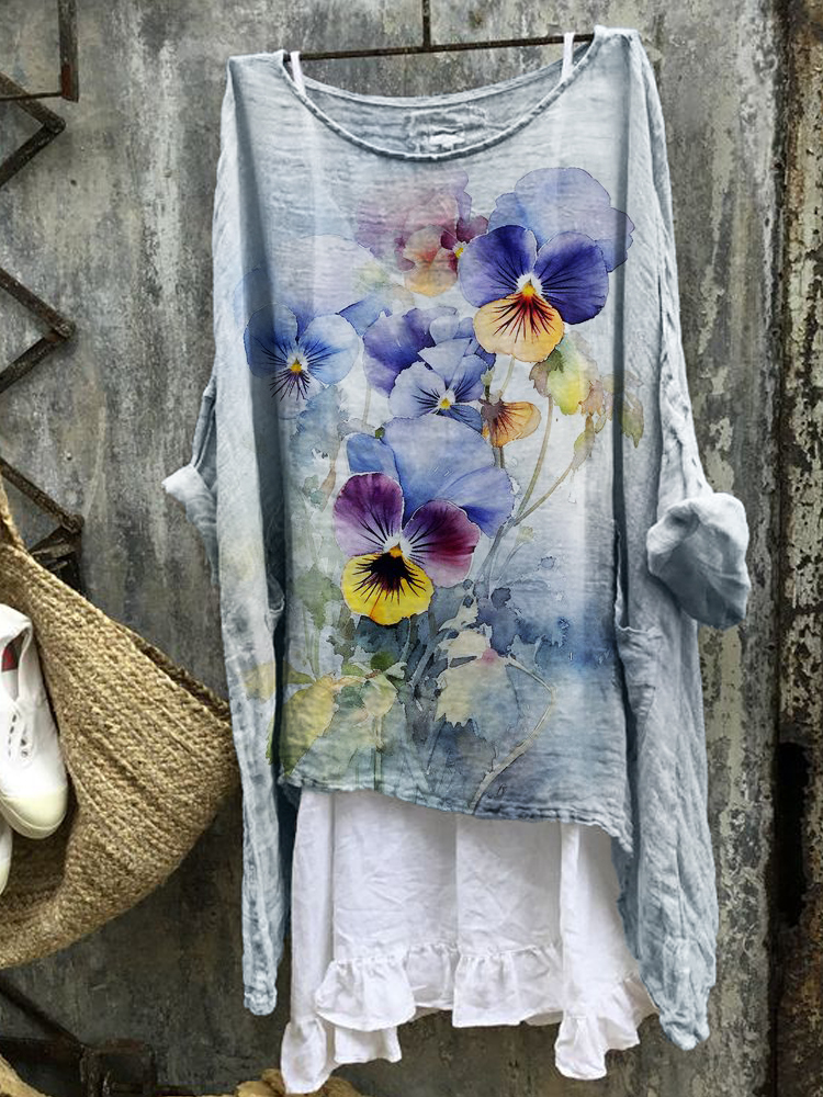 Comstylish Classy Pansy Floral Watercolor Linen Blend Tunic