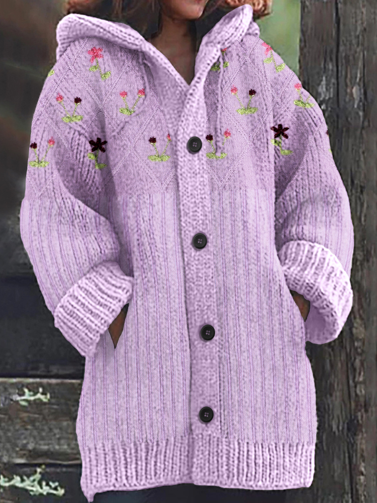 Comstylish Vintage Floral Knitted Embroidery Warm Cardigan Sweater