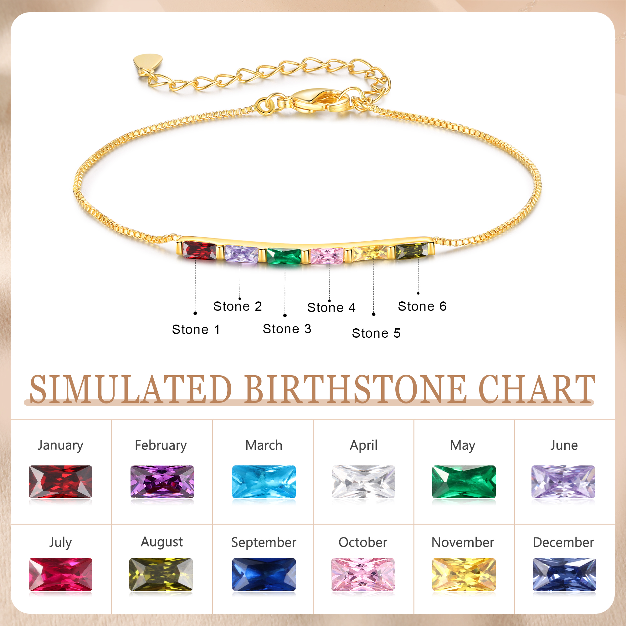 Custom 6 Birthstones Bracelet Gold Adjustable Bracelet Personalised Birthday Gift for Her-Jessemade AU