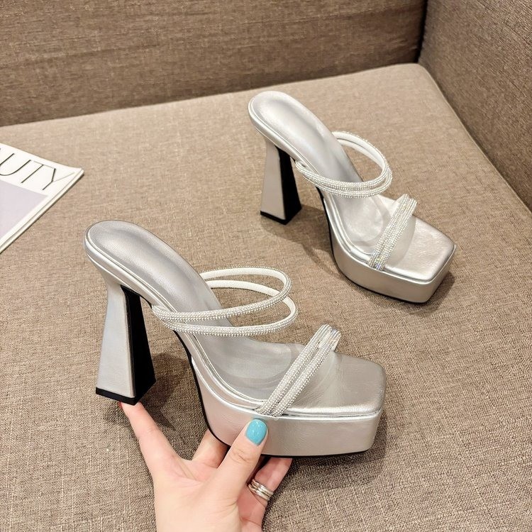 Hedirax Crystal Women Sandals Square Toe High Heels Slippers Platform Chunky Shoes 2025 New Slingback Summer Pumps Woman Sandalias Mujer