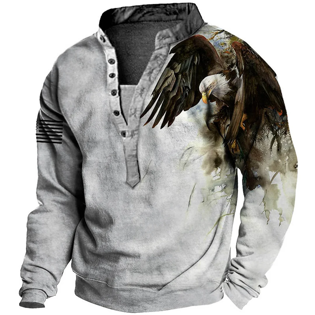 Men's Outdoor American Flag Eagle Print Henley Sweatshirt