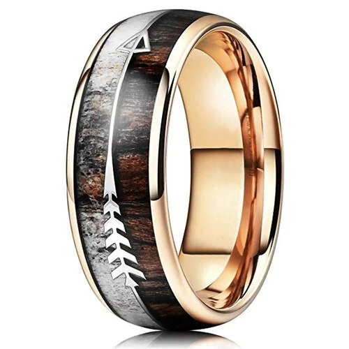 Women's Or Men's Tungsten Carbide Wedding Band Matching Rings,Rose Gold Cupid's Arrow over Wood Inlay,Tungsten Carbide Ring with High Polish Antler and Dark Wood Inlay,Domed Top Ring With Mens And Womens Rings For 4MM 6MM 8MM 10MM