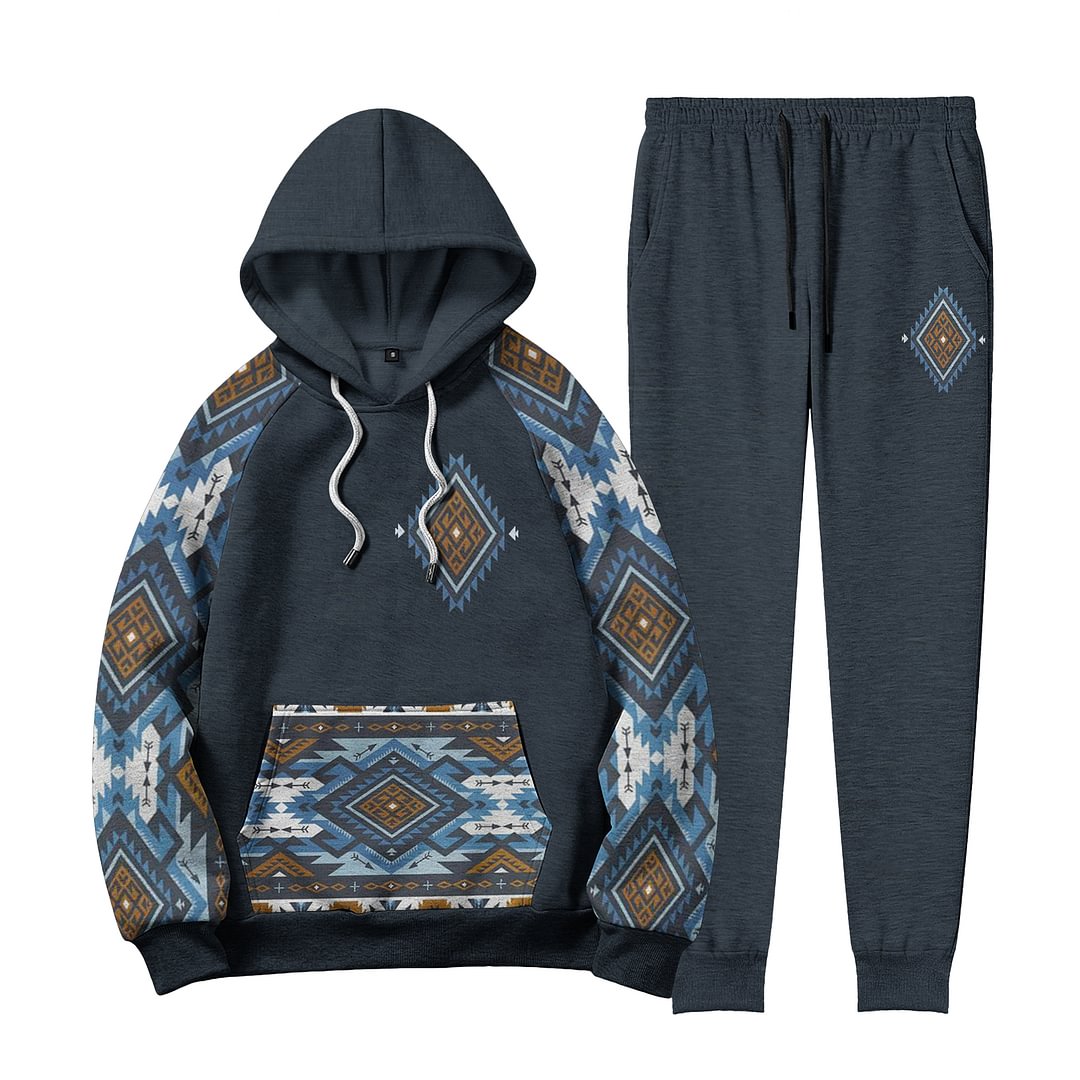 Casual Western Ethnic Print Gray Blue Tracksuit Two Piece Set