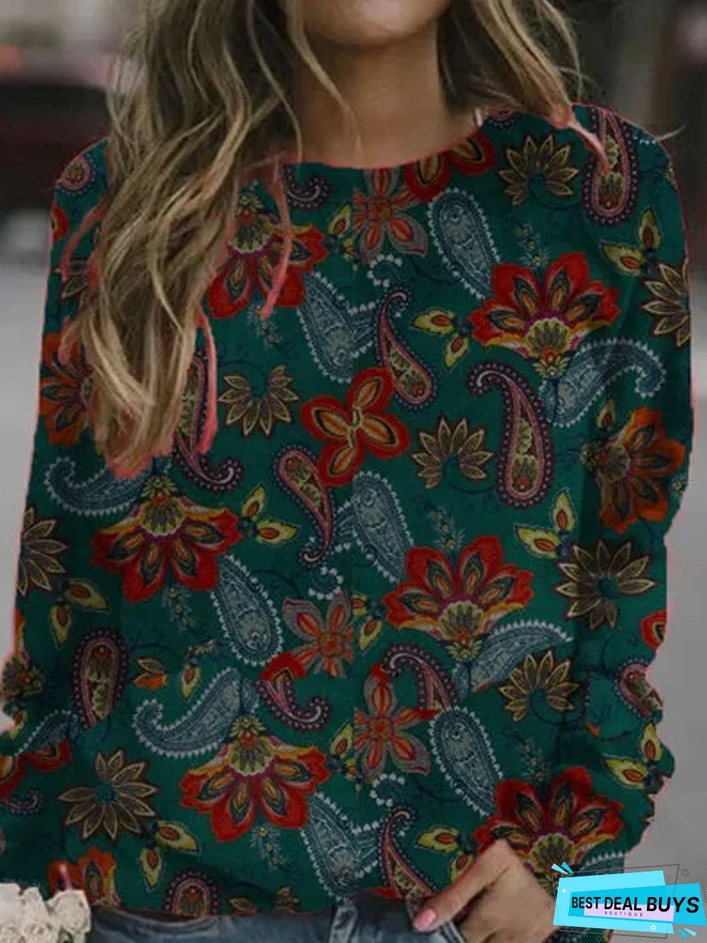 Crew Neck Long Sleeve Patchwork Cotton-Blend Sweatshirt