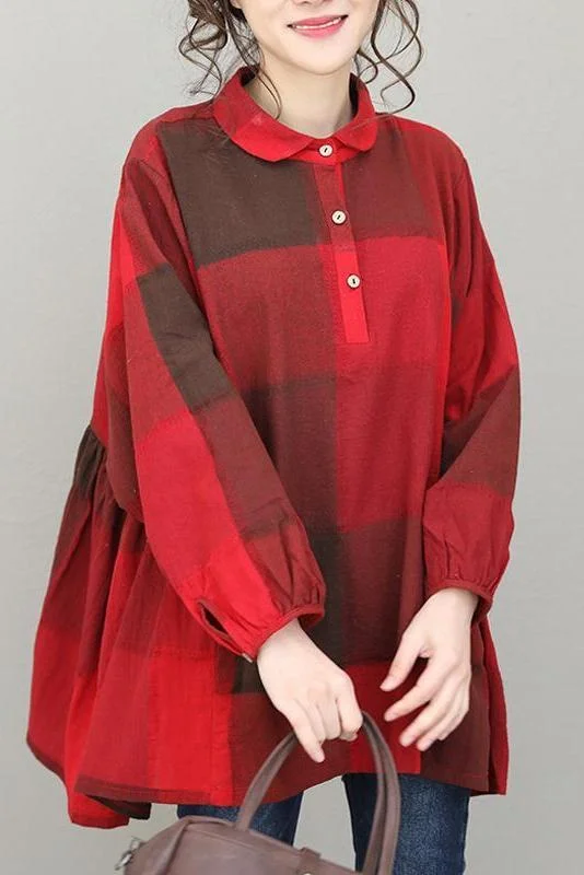 Limited Stock- Cotton Linen Women Red Plaid Blouse