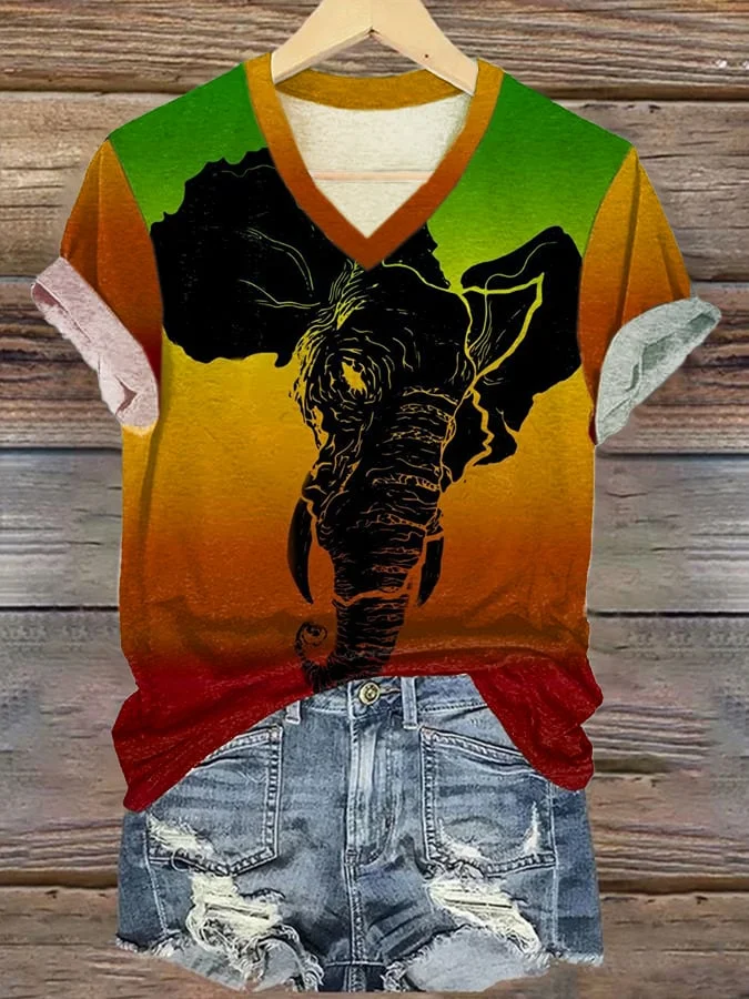Women's Casual Juneteenth Africa Map Colorful Elephants Short Sleeve T-Shirt 