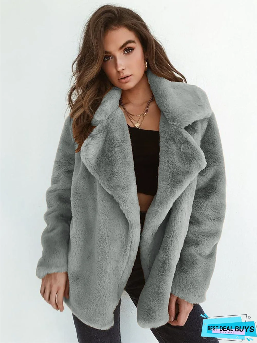 Fashion Solid Color Sexy Plush Lapel Coat