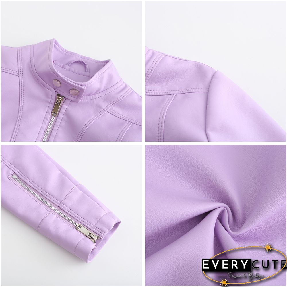Light Purple PU Stand Collar Short Leather Jacket