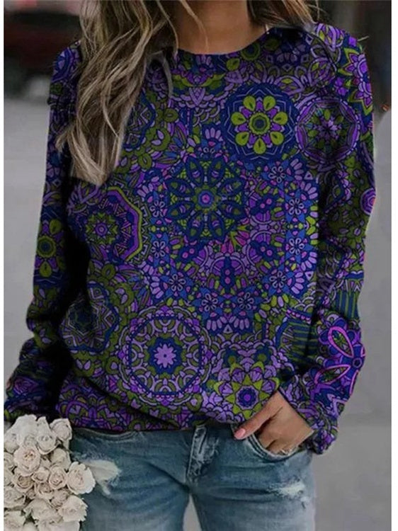 Women Long Sleeve V-neck Graphic Floral Printed Top