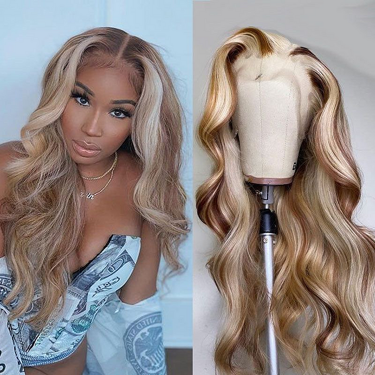 Mix Color Blonde& Brown Highlights Straight Lace Front Wig