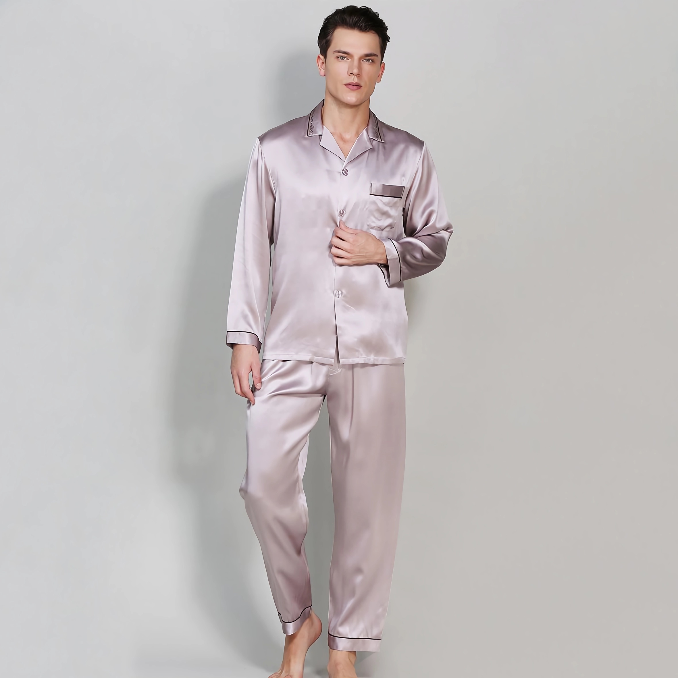 Classic Contrast Piping Men's Silk Pajamas REAL SILK LIFE