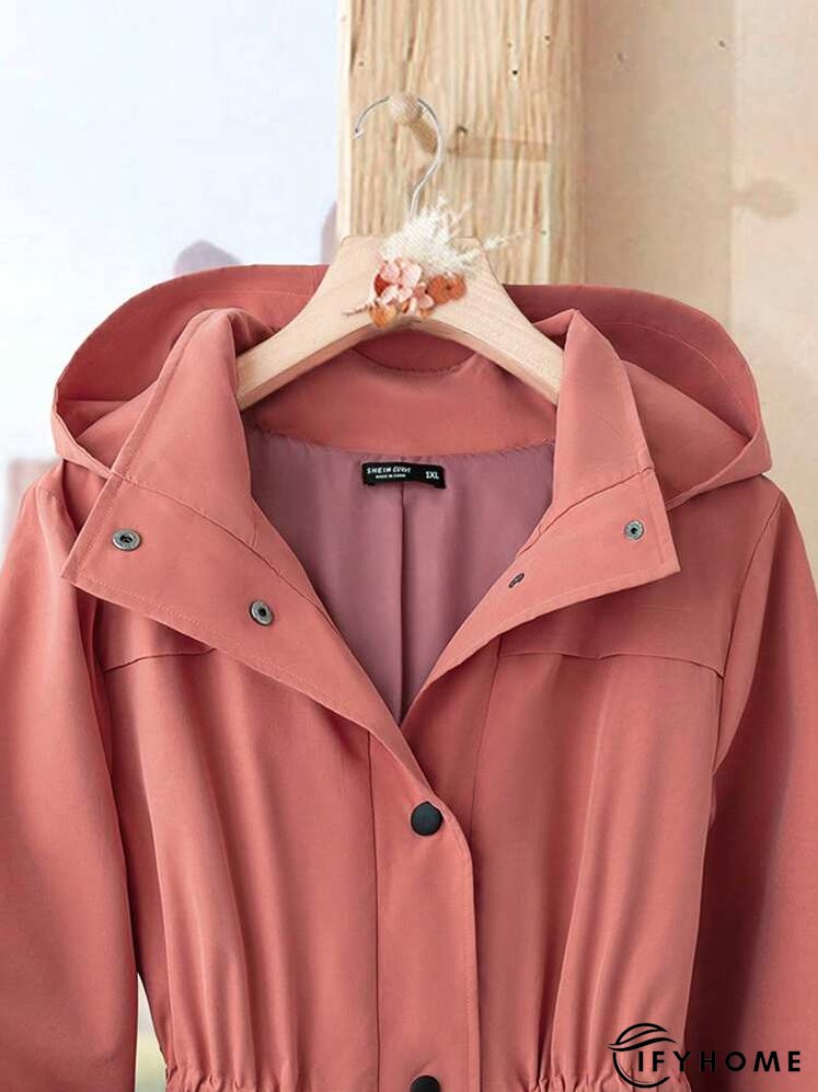 Plus Size Solid Color Cinched Waist Hooded Trench Coat, Autumn | IFYHOME