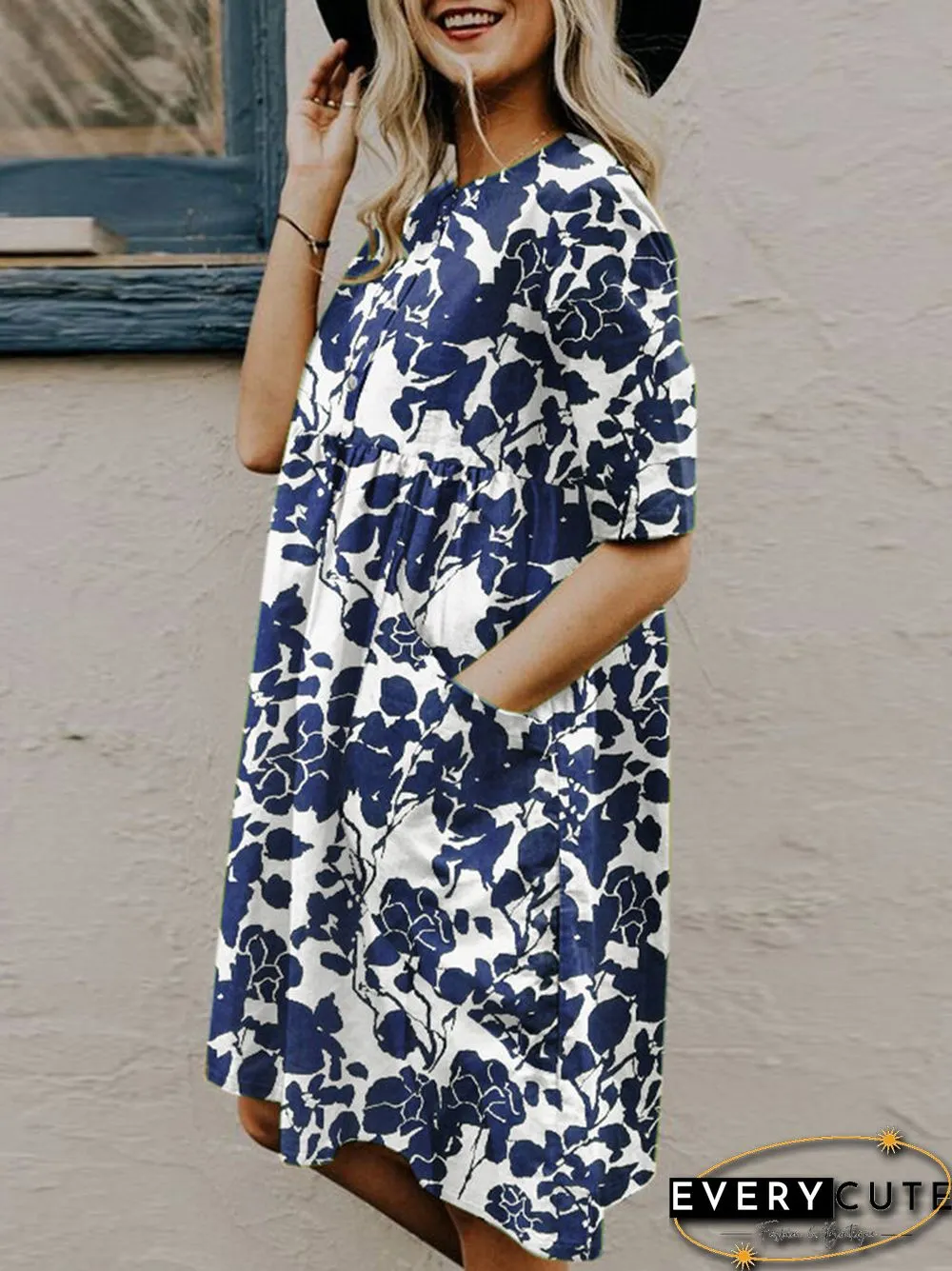 Random Allover Leaves Print Pocket Short Sleeve Button Dress