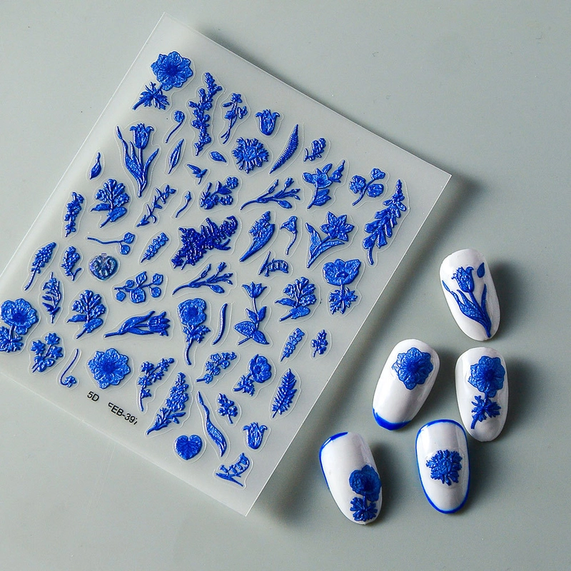 New 5d Luxury Blue Flower Nail Art Stickers Full Nail Adhesive Back Decals Beauty Skin Care Makeup Art