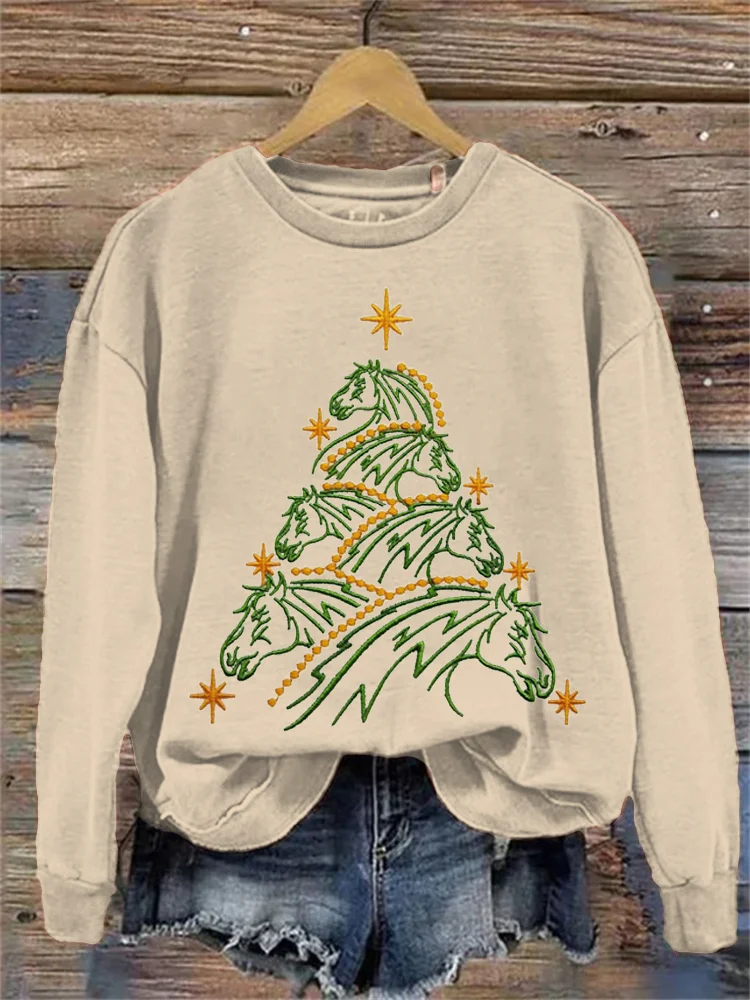 Christmas Tree Horse Embroidery Crew Neck Sweatshirt