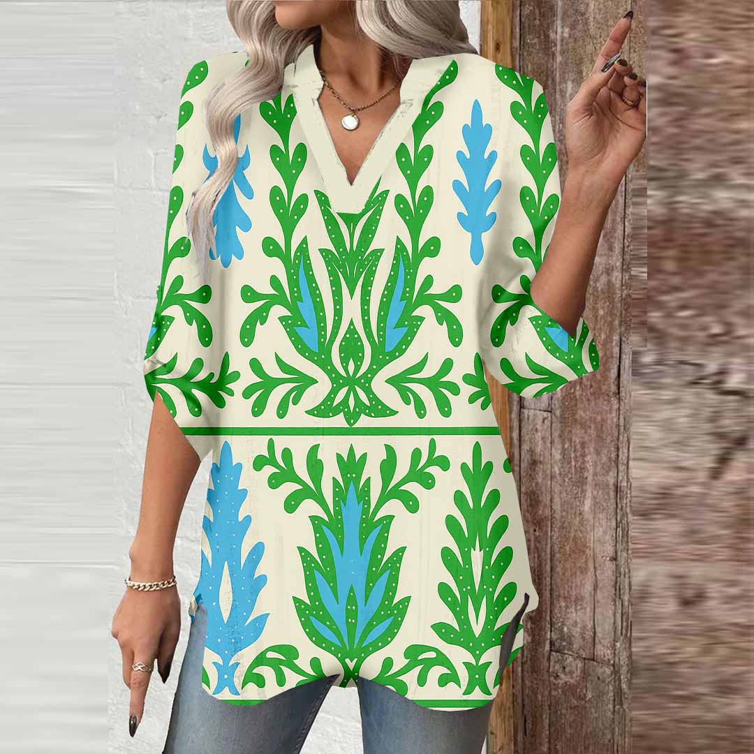 Women Tropical, Green, Blue DZGA0101 3/4 Sleeve V-neck Printed Graphic Button Tops