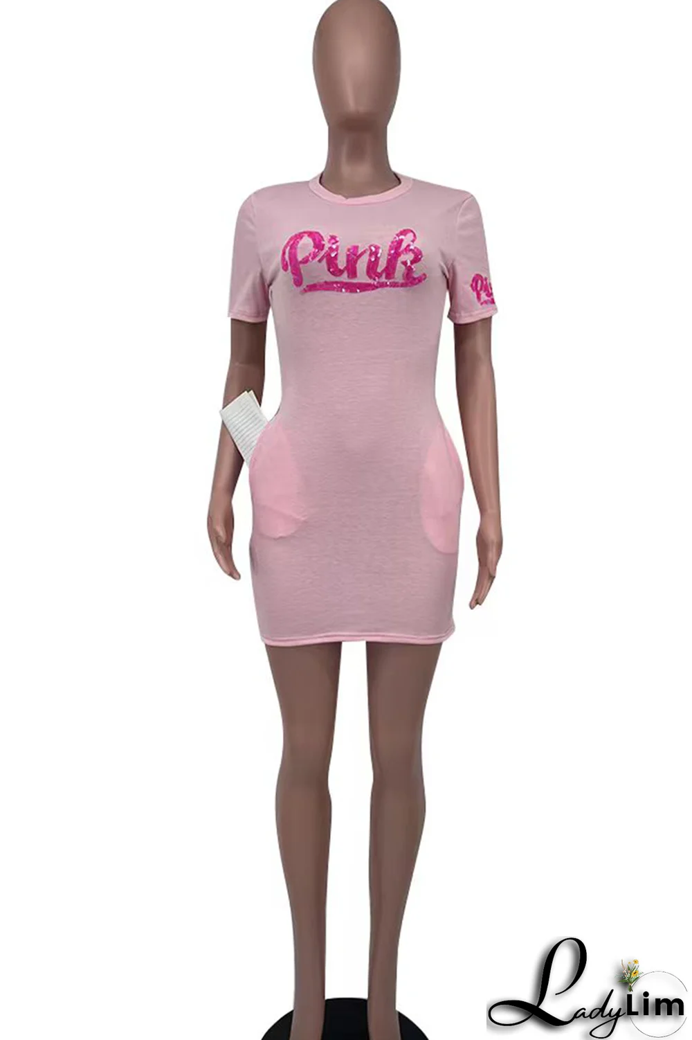 Pink Fashion Patchwork Sequins O Neck Pencil Skirt Dresses