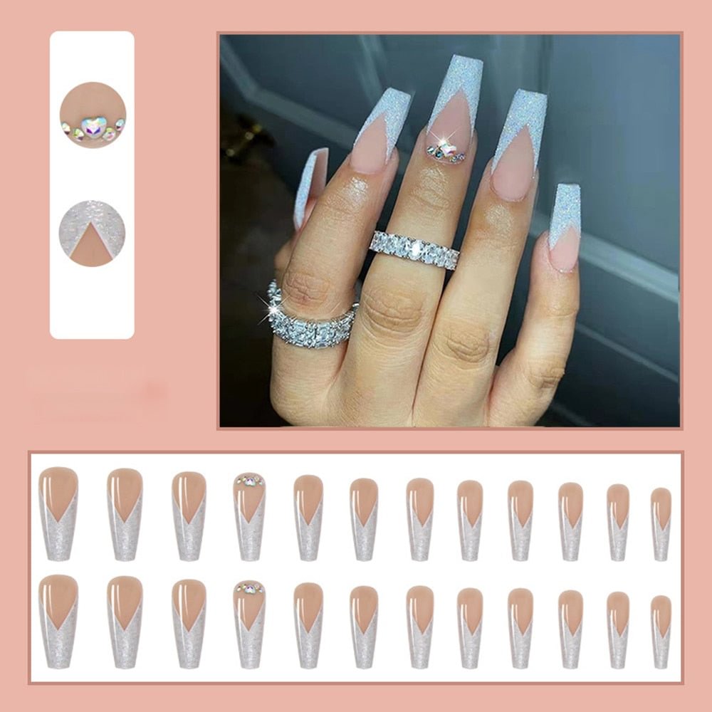 White French False Nails Detachable Long Rhinestone Coffin Fake Nails with Glue Beauty Print Bride Ballerina Nail Art Full Tips