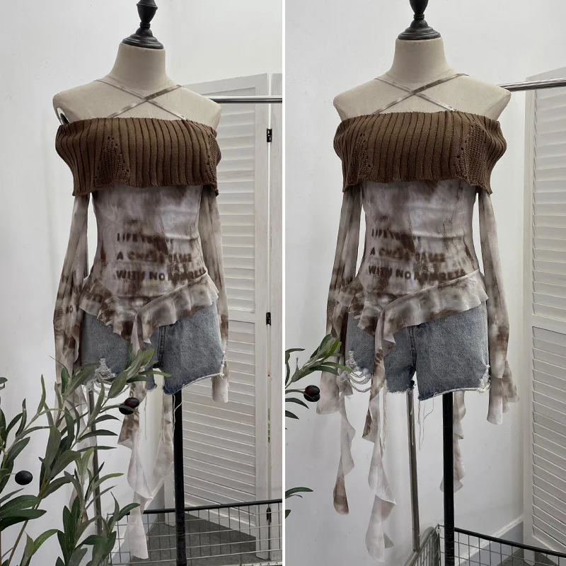 Churchf Real Shot Shoulder Cross Hanging Neck Knitting Mesh Yarn Coat Irregular Ribbon Horn Long-Sleeved T-Shirt 1101