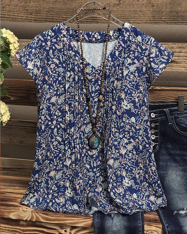 Multi Floral Print V-neck Casual Blouse