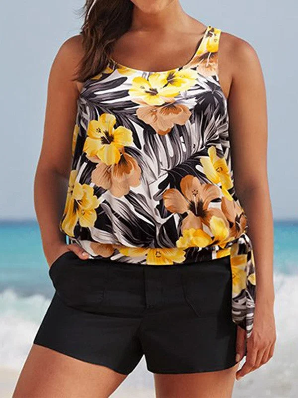 Plus Size Swimwear Sleeveless Bright Floral Printed  Tankini