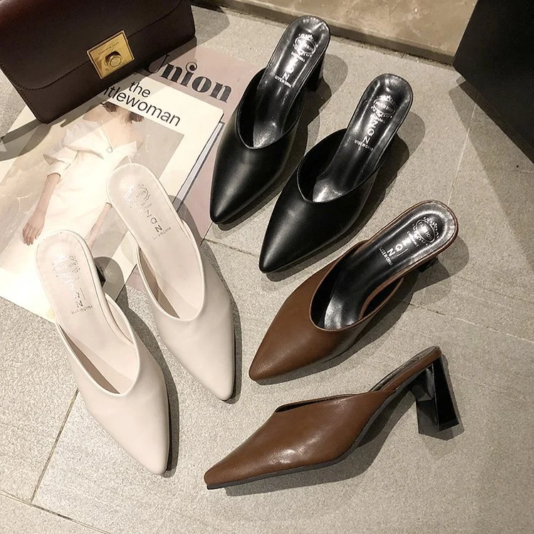 Wongn Wongn Summer New Korean Version Of Pointed Head Half Drag Pointed Head Thick Heel Slippers High Heels Women's Shoes