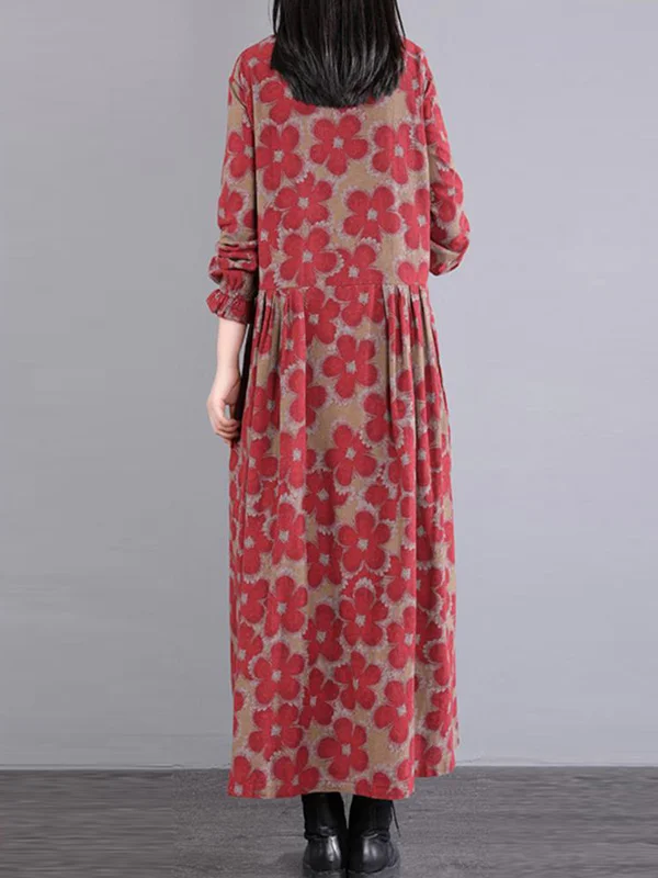 Casual Long Sleeves Loose Floral Printed Round-Neck Midi Dresses