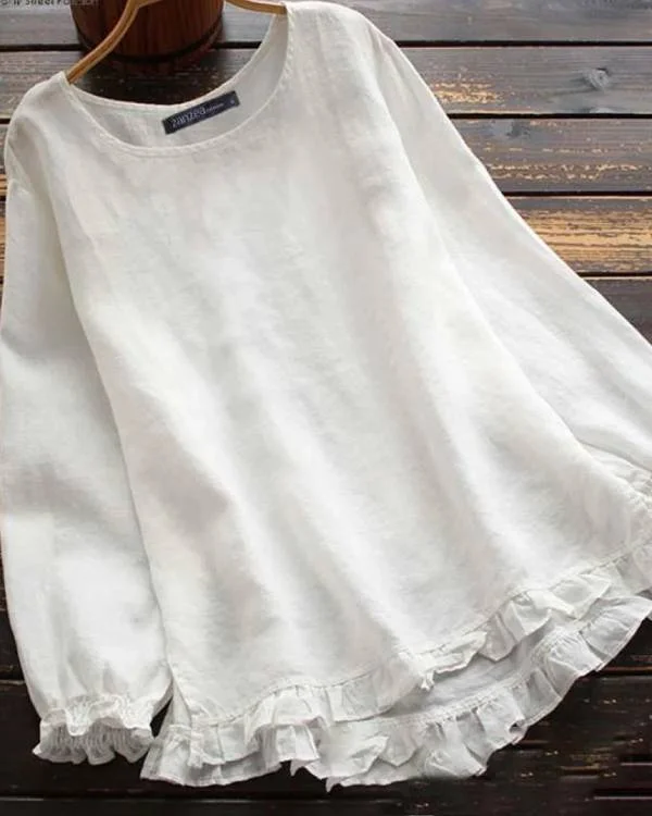 Crew Neck Ruffle Trim Casual Blouse