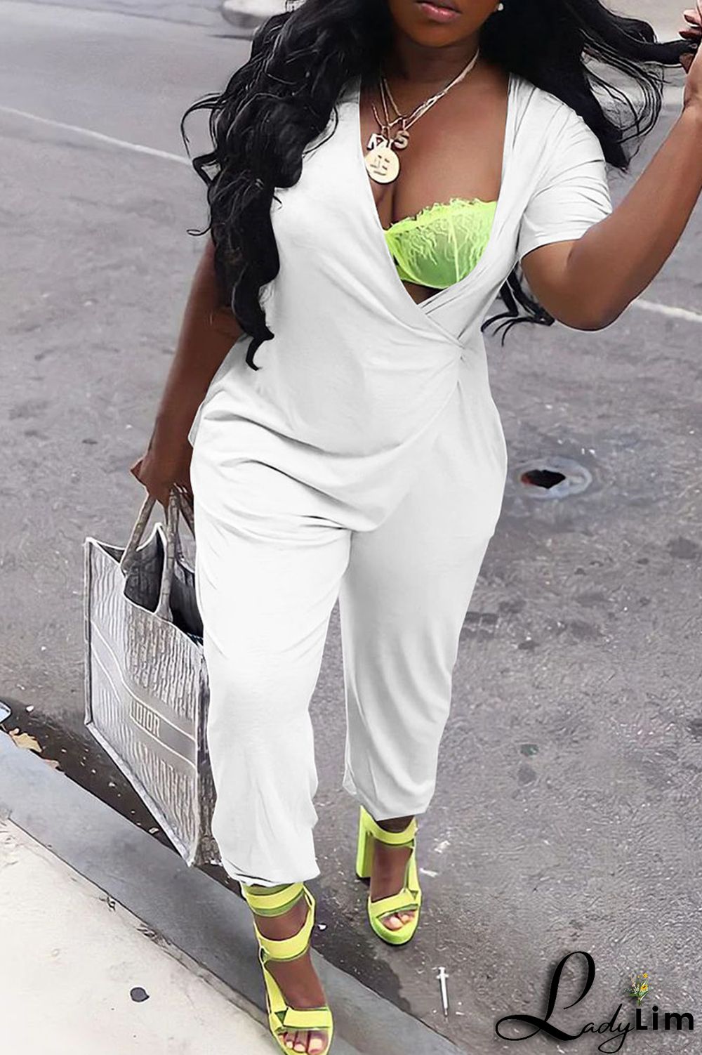 White Casual Solid Patchwork Asymmetrical V Neck Loose Jumpsuits