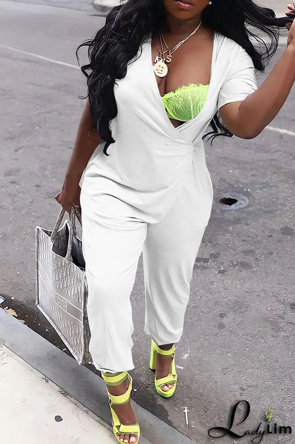 White Casual Solid Patchwork Asymmetrical V Neck Loose Jumpsuits