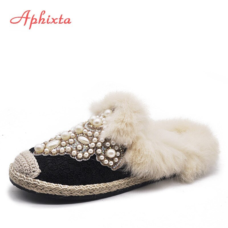 Aphixta Winter Warm Real Fur Slippers Women Shoes Woman Lace Pearl Crystal Bling Plush Women's Furry Natural Rabbit Hair Shoes